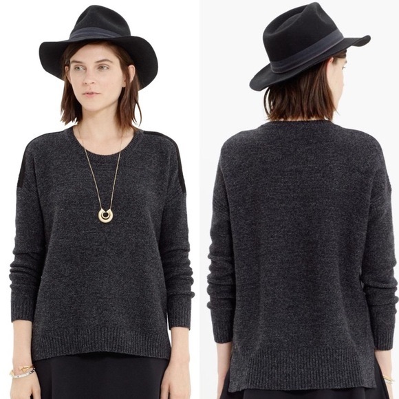 Madewell Sweaters - Madewell Gray Leather Trim Shoulder Sweater Chunky